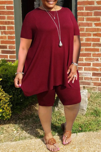 Burgundy Fashion Casual Solid Basic O Neck Plus Size Two Pieces