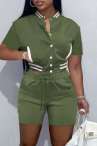 Армейский Зеленый Мода Повседневная Твердая Лоскутная О-Образным Вырезом С Коротким Рукавом Из Двух Частей