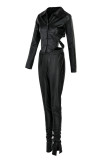 Black Sexy Solid Patchwork Buckle Slit Asymmetrical Turndown Collar Long Sleeve Two Pieces