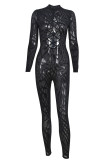 Zwarte mode sexy patchwork uitgeholde doorschijnende halflange coltrui skinny jumpsuits