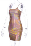 ゴールド ファッション セクシー ソリッド ブロンズ バックレス スパゲッティ ストラップ ノースリーブ ドレス