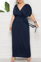 Diepblauwe mode-casual grote maat effen patchwork lange jurk met V-hals