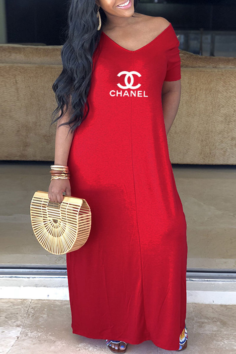 

Red Fashion Casual Letter Split Joint V Neck A Line Dresses