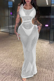 White Sexy Solid Hollowed Out Patchwork See-through U Neck One Step Skirt Dresses