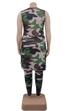 Green Fashion Camouflage Print Patchwork O Neck Plus Size Two Pieces