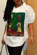 White Fashion Casual Print Basic V Neck Tops