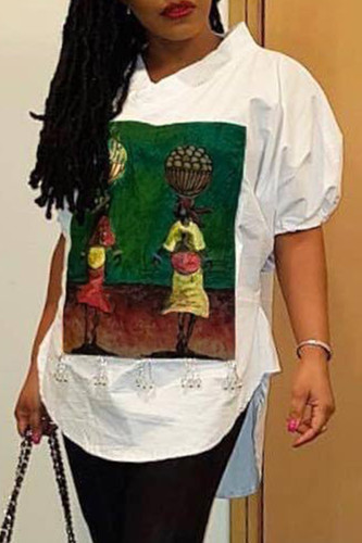 White Fashion Casual Print Basic V Neck Tops