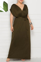 グリーン ファッション カジュアル プラス サイズ ソリッド パッチワーク V ネック ロング ドレス