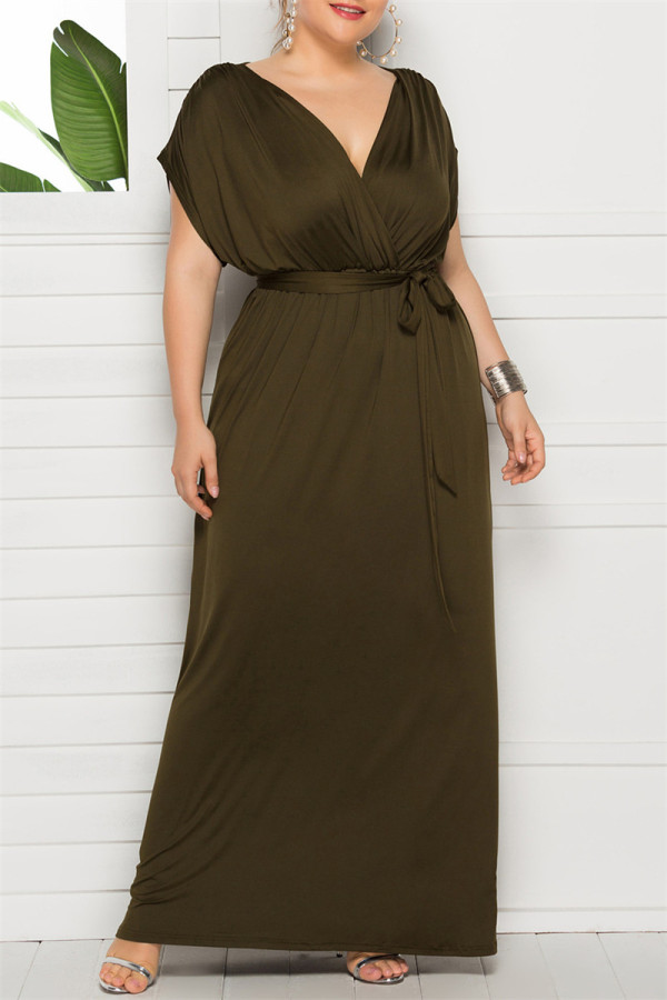 Grönt mode Casual Plus Size Solid Patchwork V-hals lång klänning