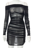 Negro sexy sólido patchwork transparente pliegue fuera del hombro vestidos