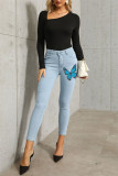 Zwarte modieuze casual skinny jeans met vlinderprint en halfhoge taille
