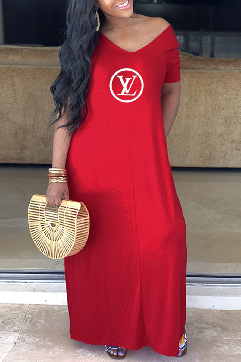 Red Fashion Casual Letter Patchwork V Neck A Line Dresses