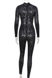 Zwarte mode sexy patchwork uitgeholde doorschijnende halflange coltrui skinny jumpsuits