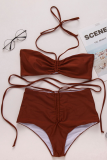 Brown Sexy Solid Patchwork Swimwears