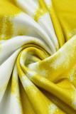 Gelbe Patchwork-Patchwork im britischen Stil mit asymmetrischem O-Ausschnitt, unregelmäßige Kleider