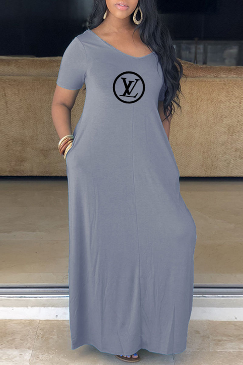 

Grey Fashion Casual Letter Split Joint V Neck A Line Dresses