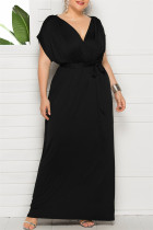 Zwarte mode-casual grote maat effen patchwork lange jurk met V-hals