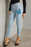 Schwarze, modische, lässige, Schmetterlings-Print Basic Skinny Denim Jeans mit mittlerer Taille