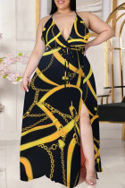 Schwarze Mode Sexy Plus Size Print Bandage Backless Schlitz Spaghettiträger langes Kleid