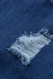 Azul escuro moda casual adulto gola aberta rasgada manga longa jeans reta