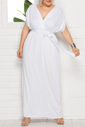 White Fashion Casual Plus Size Solid Patchwork V Neck Long Dress
