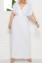 Vestido largo con cuello en V y parches lisos de talla grande informal de moda blanco
