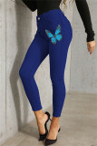 Graue, modische, lässige Schmetterlingsdruck-grundlegende Skinny Denim-Jeans mit mittlerer Taille