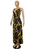 Yellow Fashion Sexy Plus Size Print Bandage Backless Slit Spaghetti Strap Long Dress