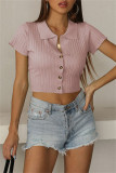 ピンク ファッション カジュアル ソリッド ベーシック ターンダウン カラー Tシャツ