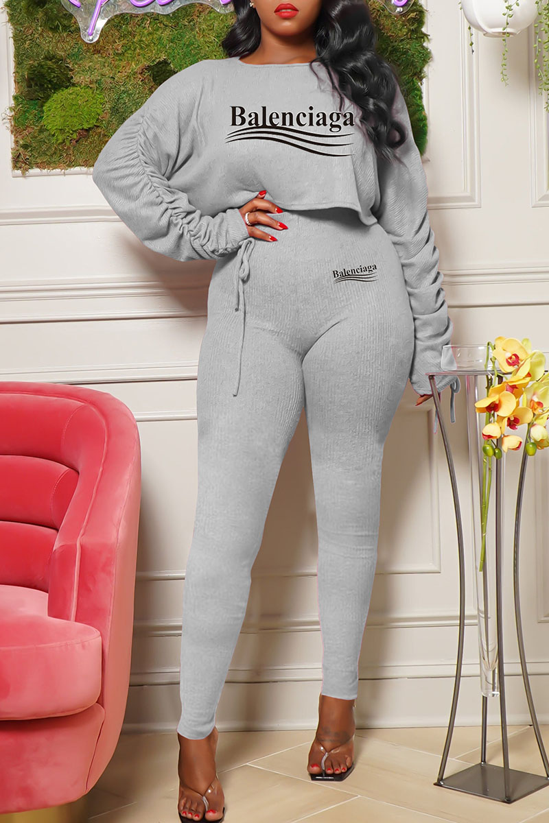 

Grey Fashion Casual Print Split Joint O Neck Long Sleeve Two Pieces