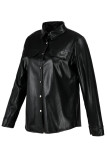 Schwarze Fashion Street Adult Faux Leather Solid Buttons Cardigan Turndown Collar Tops