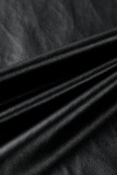 Cárdigan de botones sólidos de piel sintética para adultos de calle de moda negra con cuello vuelto