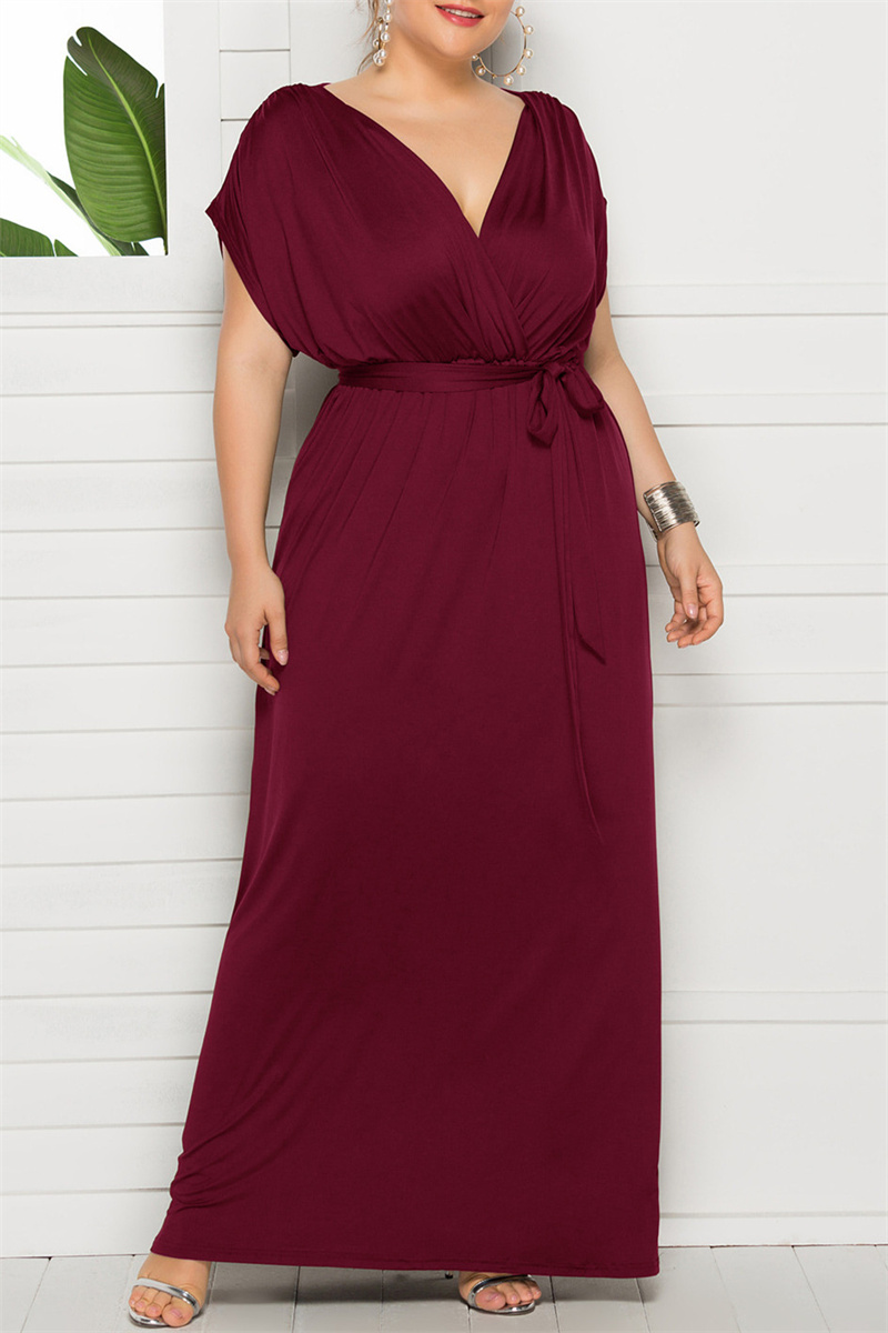 

Burgundy Fashion Casual Plus Size Solid Split Joint V Neck Long Dress