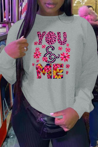 Grey Fashion Casual Print Patchwork Letter O Neck Tops