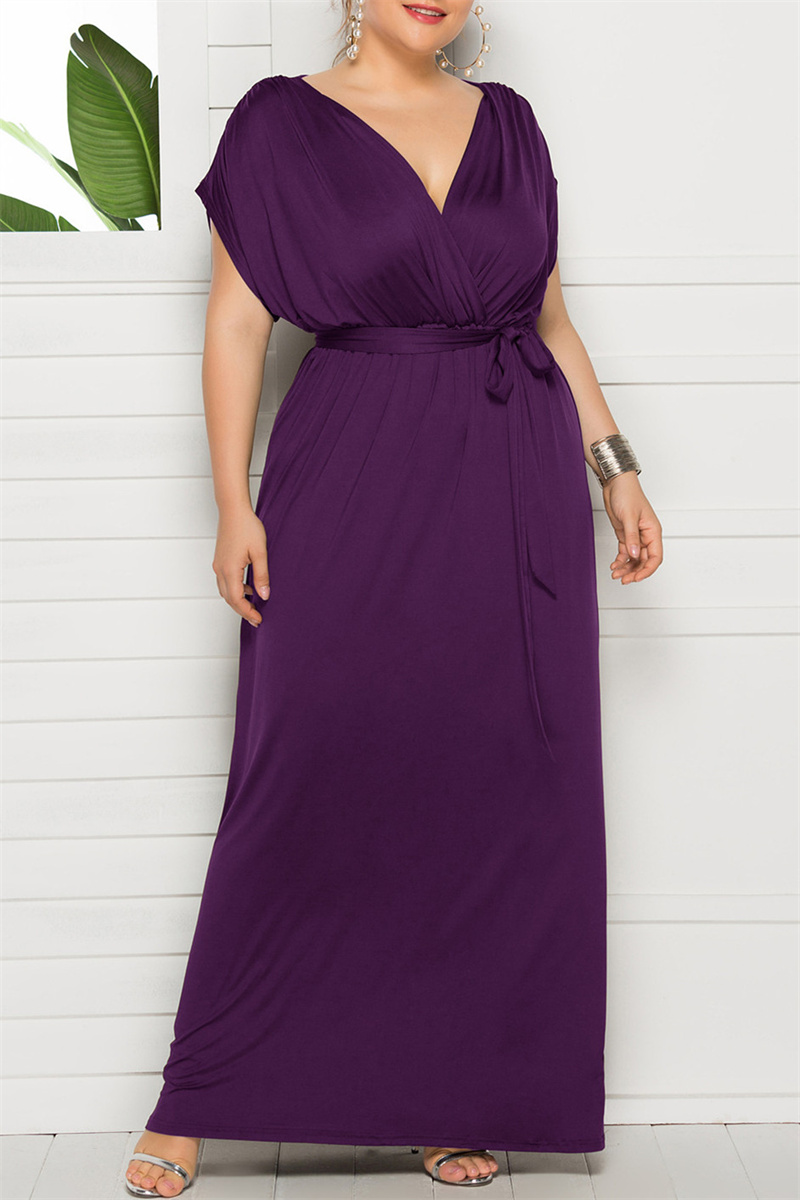 

Purple Fashion Casual Plus Size Solid Split Joint V Neck Long Dress