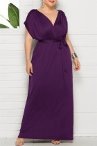 Robe longue décontractée à la mode, grande taille, couleur unie, patchwork, col en V, violet