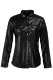 Schwarze Fashion Street Adult Faux Leather Solid Buttons Cardigan Turndown Collar Tops