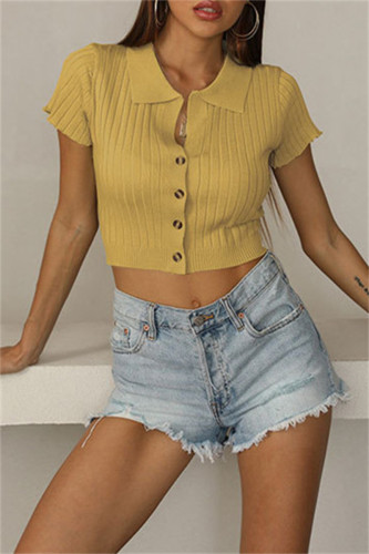 Yellow Fashion Casual Solid Basic Turndown Collar T-Shirts