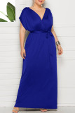 Vestido Longo Azul Royal Moda Casual Plus Size Sólido Patchwork Gola V