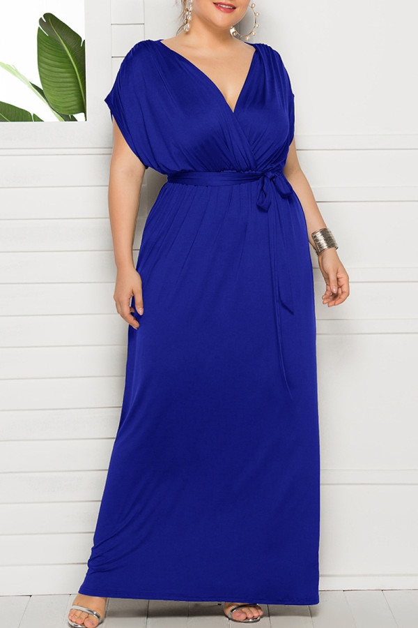 Koningsblauwe mode-casual grote maat effen patchwork lange jurk met V-hals
