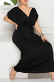 Black Fashion Casual Plus Size Solid Patchwork V Neck Long Dress