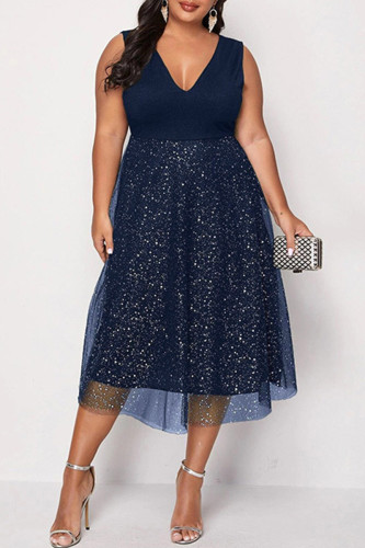 Tibetan Blue Sexy Casual Plus Size Patchwork Bright Silk V Neck Vest Dress