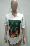 White Fashion Casual Print Basic V Neck Tops