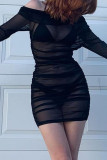 Schwarze, sexy, durchsichtige Patchwork-Kleider mit Schulterfalten