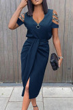 Black Fashion Casual Patchwork Hollowed Out V Neck Short Sleeve Dress