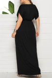 Black Fashion Casual Plus Size Solid Patchwork V Neck Long Dress