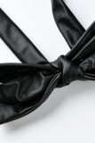 Negro sexy sólido patchwork hebilla hendidura cuello vuelto asimétrico manga larga dos piezas