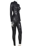 Black Fashion Sexy Patchwork Hollowed Out See-through Half A Turtleneck Skinny Jumpsuits