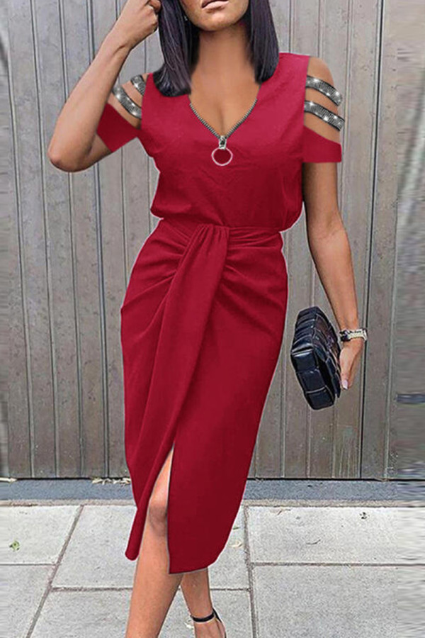 Красное модное повседневное платье в стиле пэчворк с V-образным вырезом и коротким рукавом