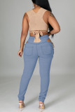 Babyblaue, sexy, lässige, solide, ausgehöhlte Frenulum-Denim-Jeans mit mittlerer Taille